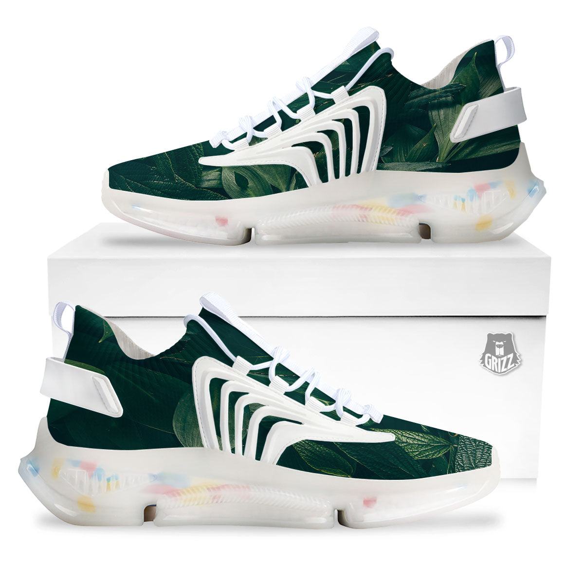 Green Natural Leaf Print White Gym Shoes-grizzshop