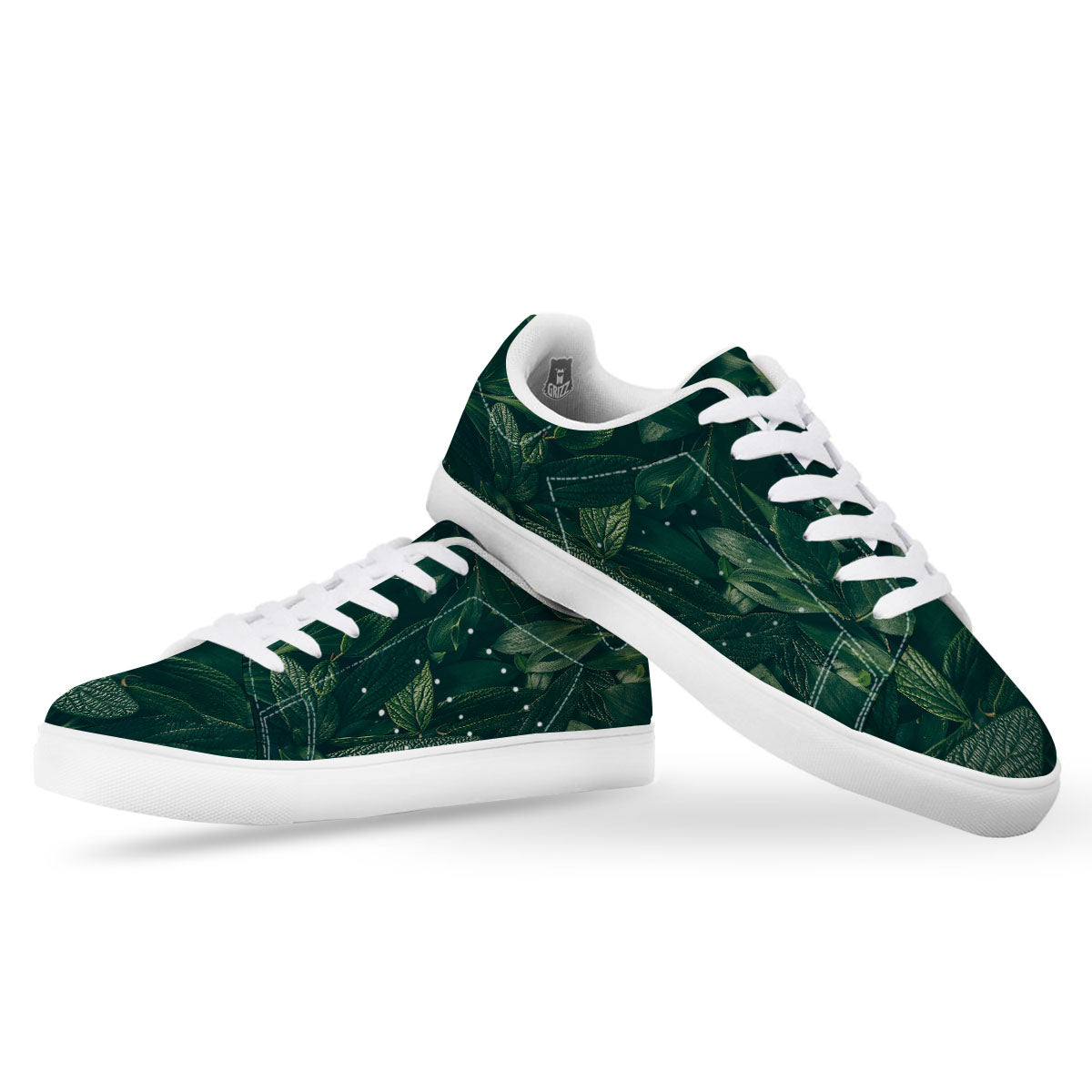 Green Natural Leaf Print White Low Top Sneakers-grizzshop