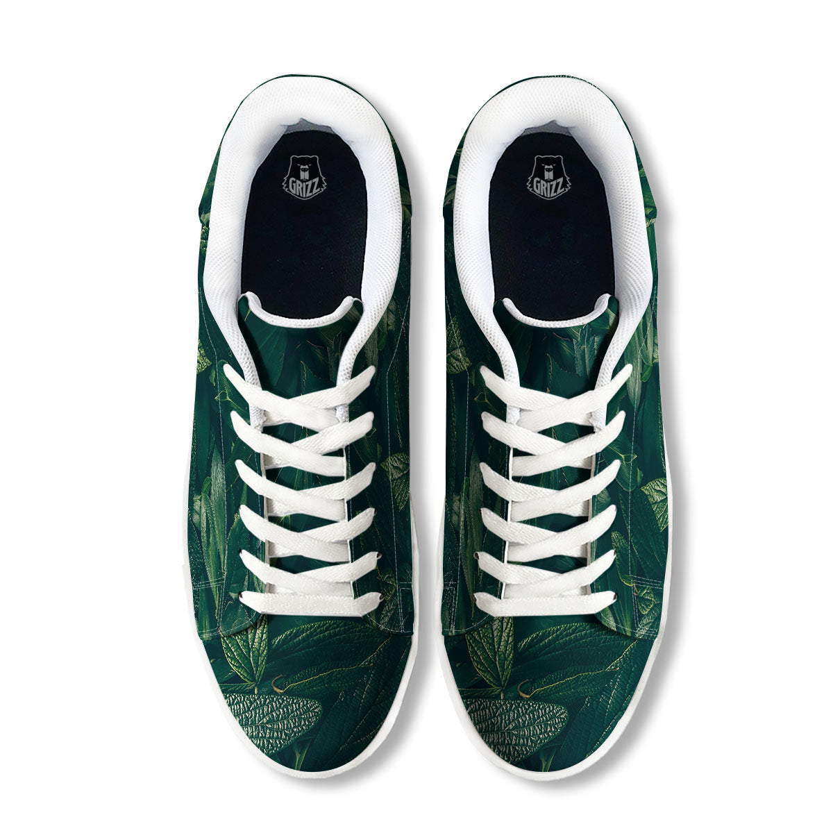 Green Natural Leaf Print White Low Top Sneakers-grizzshop