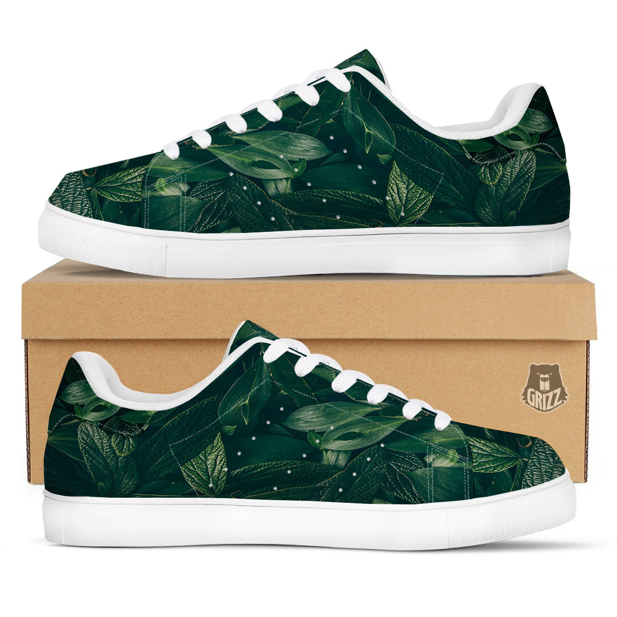 Green Natural Leaf Print White Low Top Sneakers-grizzshop