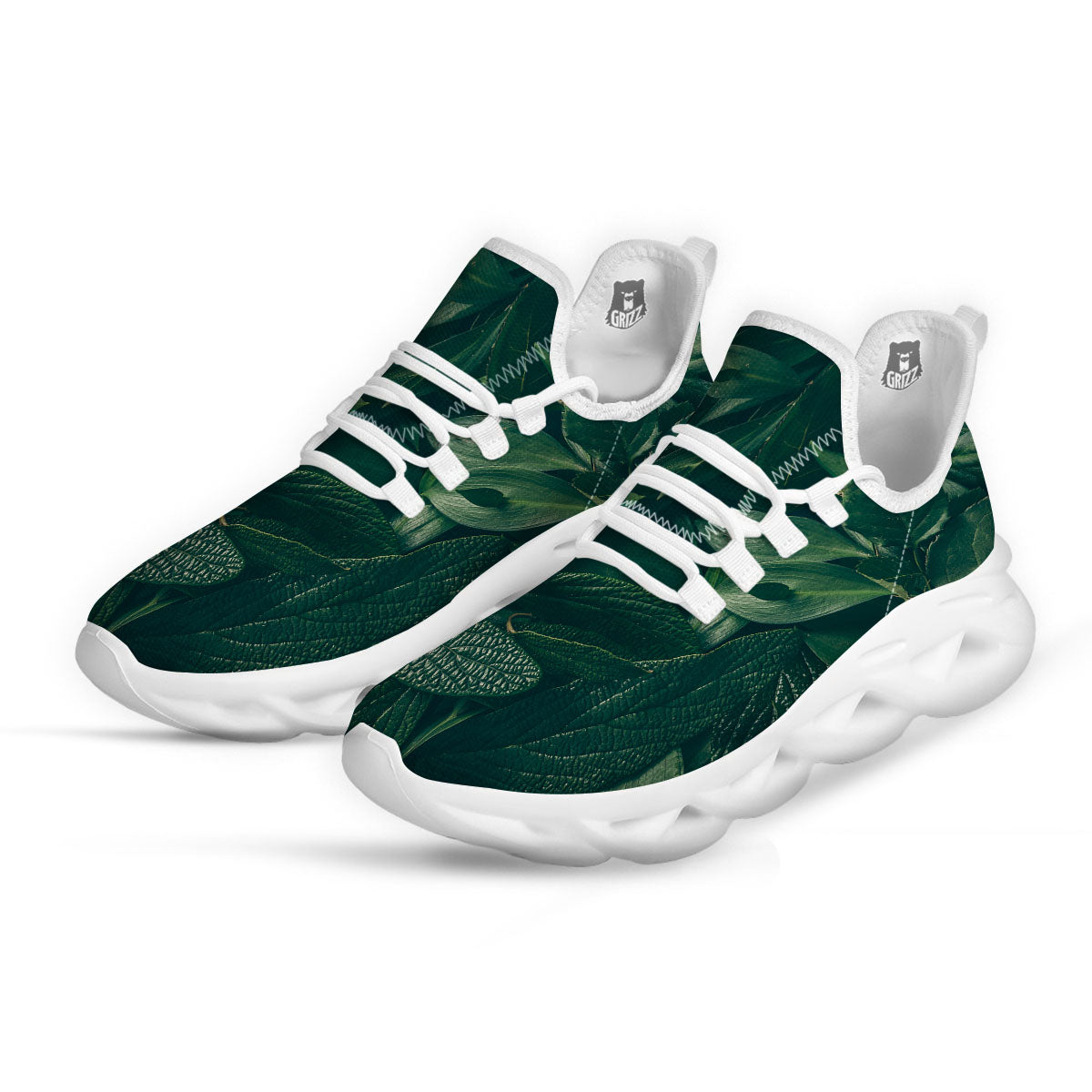 Green Natural Leaf Print White Running Shoes-grizzshop