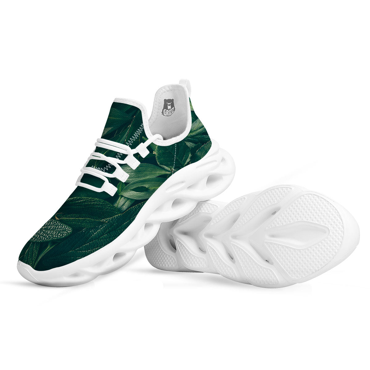 Green Natural Leaf Print White Running Shoes-grizzshop