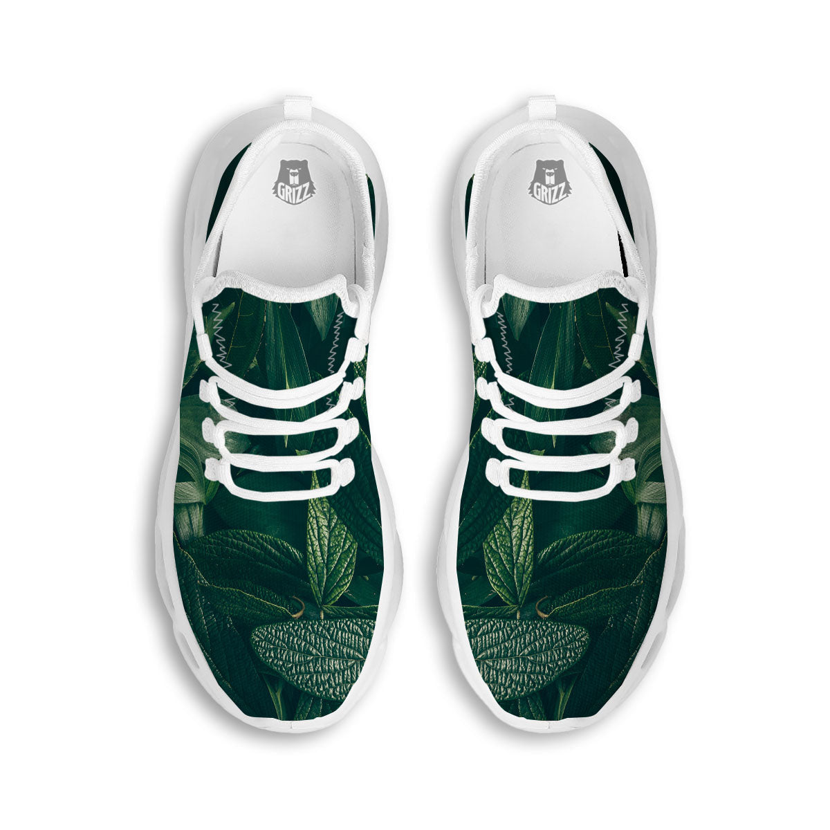 Green Natural Leaf Print White Running Shoes-grizzshop