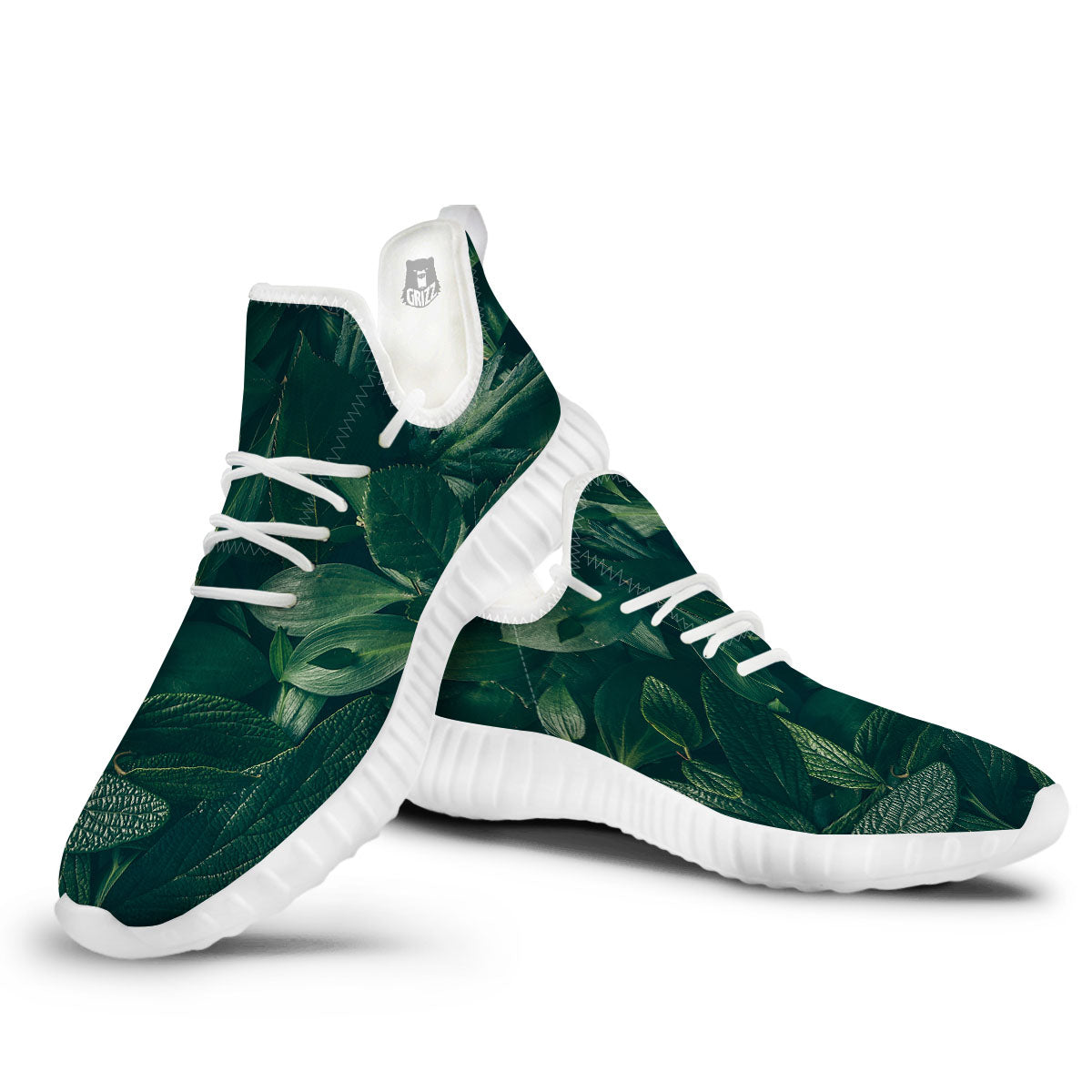 Green Natural Leaf Print White Walking Shoes-grizzshop
