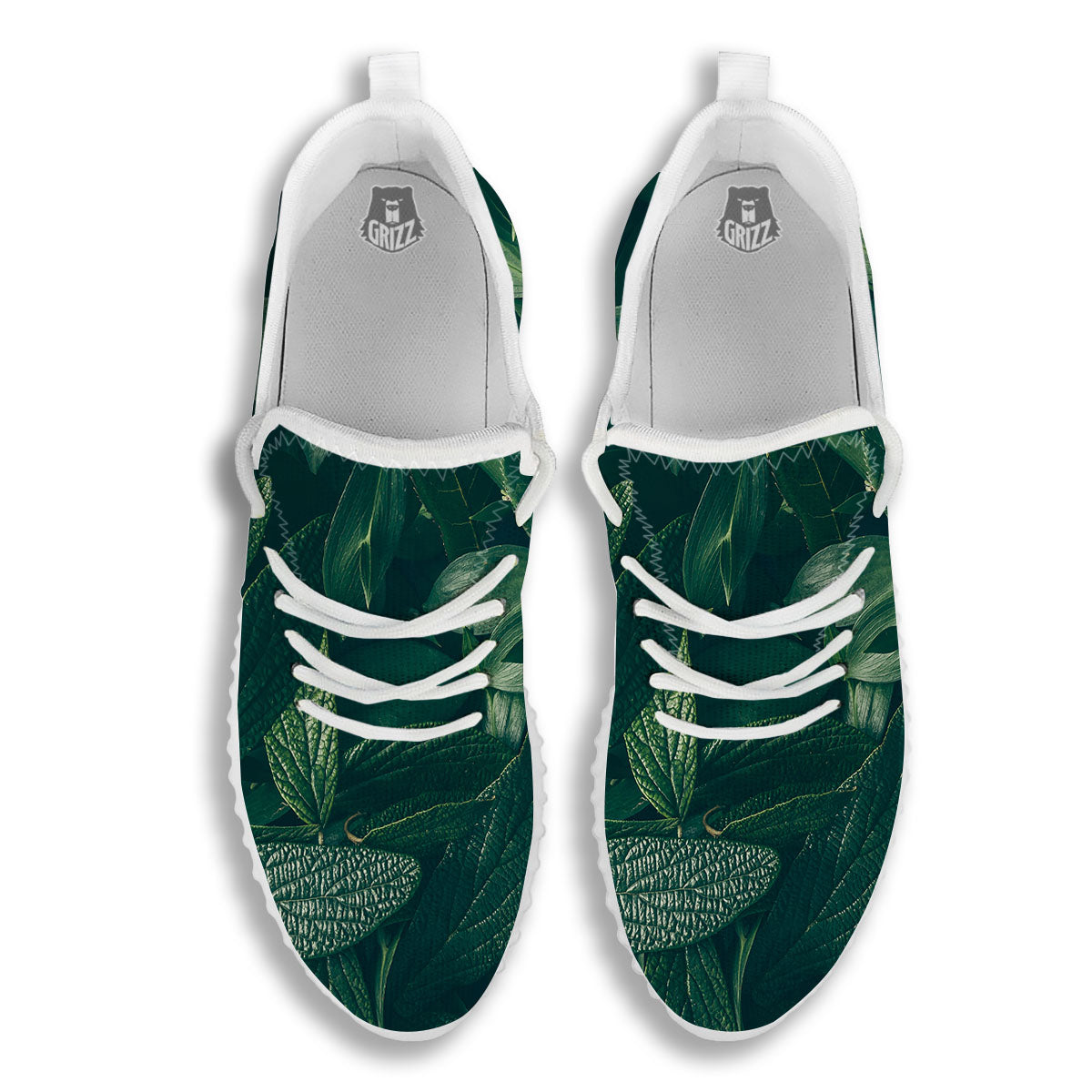 Green Natural Leaf Print White Walking Shoes-grizzshop