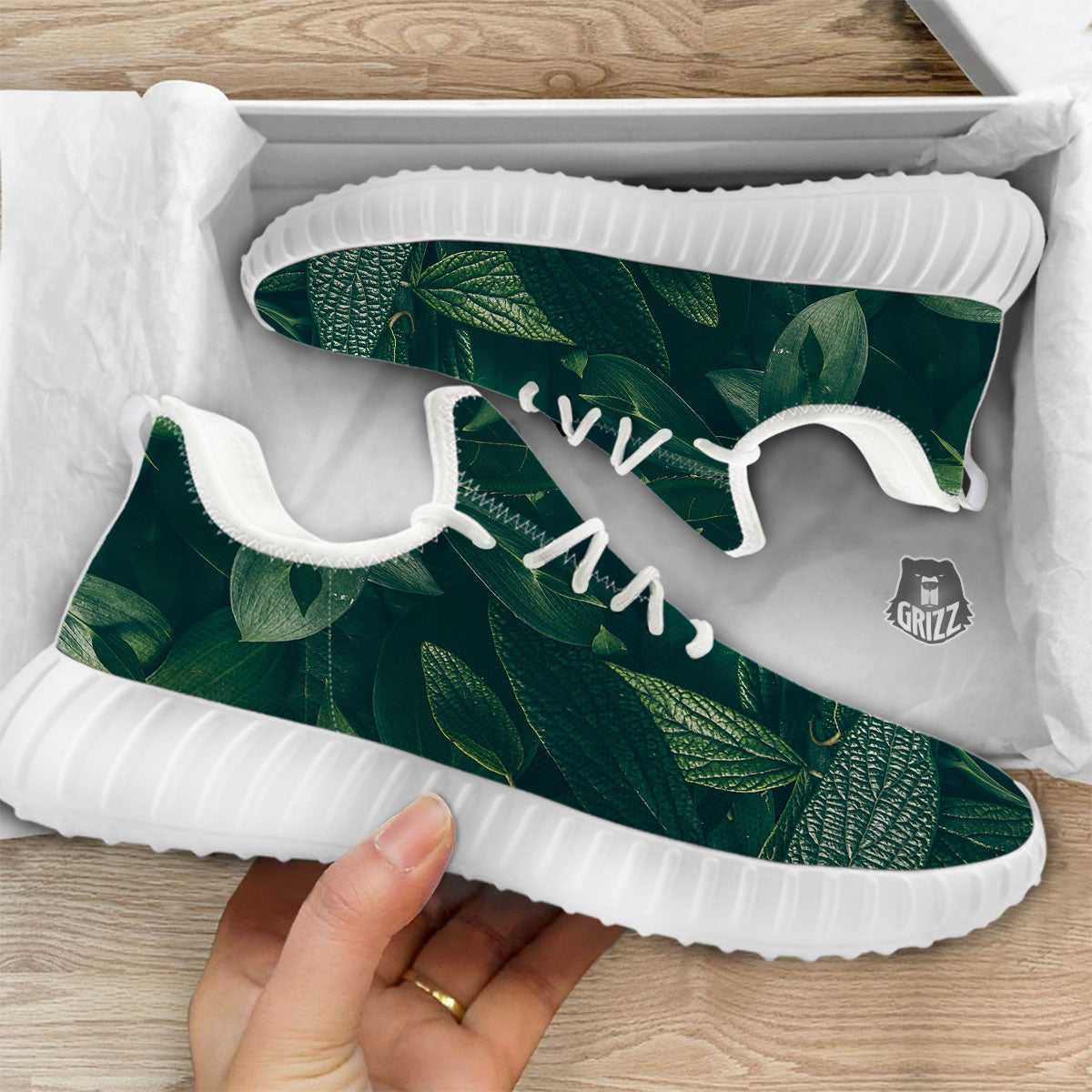 Green Natural Leaf Print White Walking Shoes-grizzshop