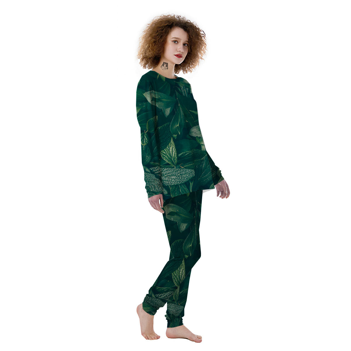 Green Natural Leaf Print Women's Pajamas-grizzshop