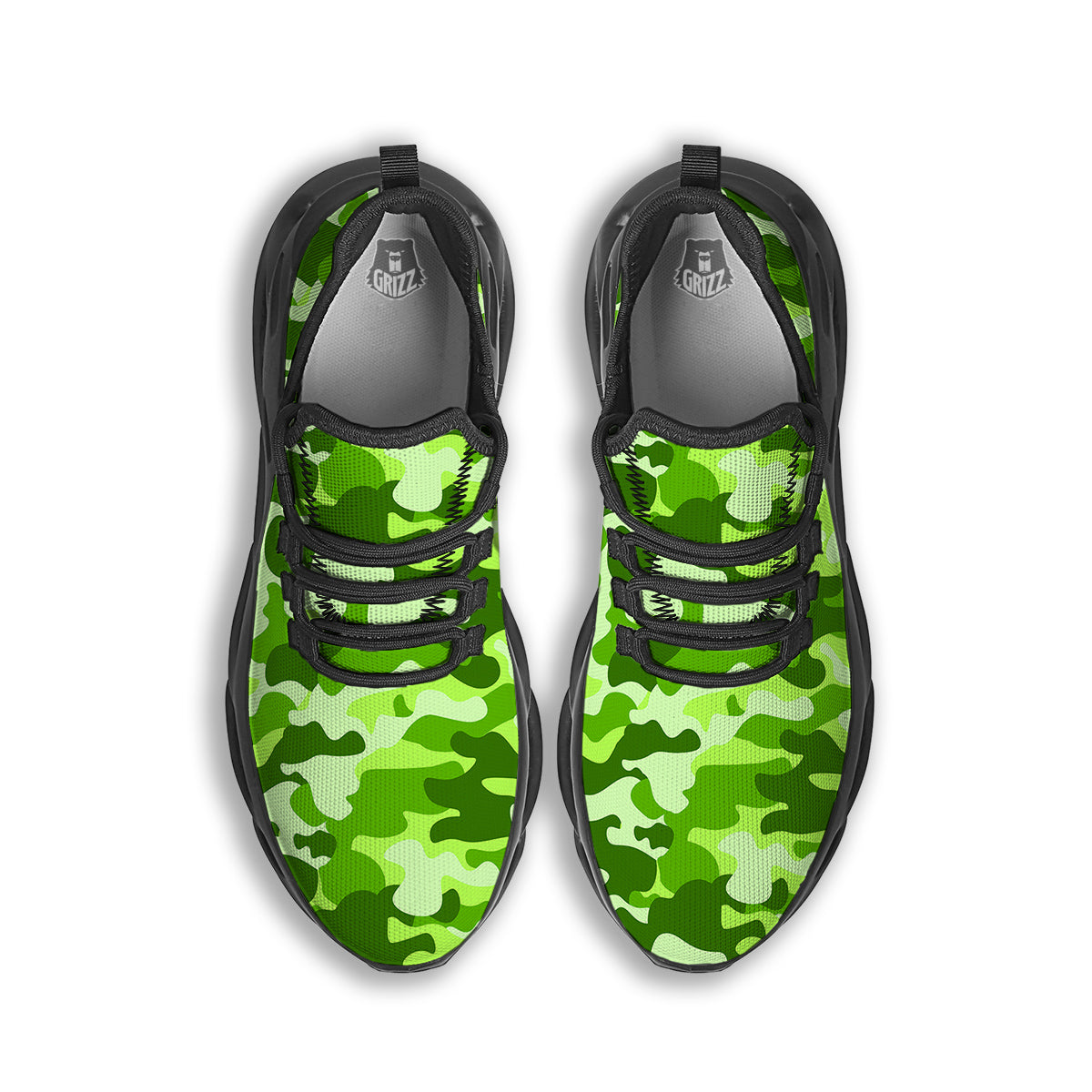 Green Neon Camo And Camouflage Print Black Running Shoes-grizzshop