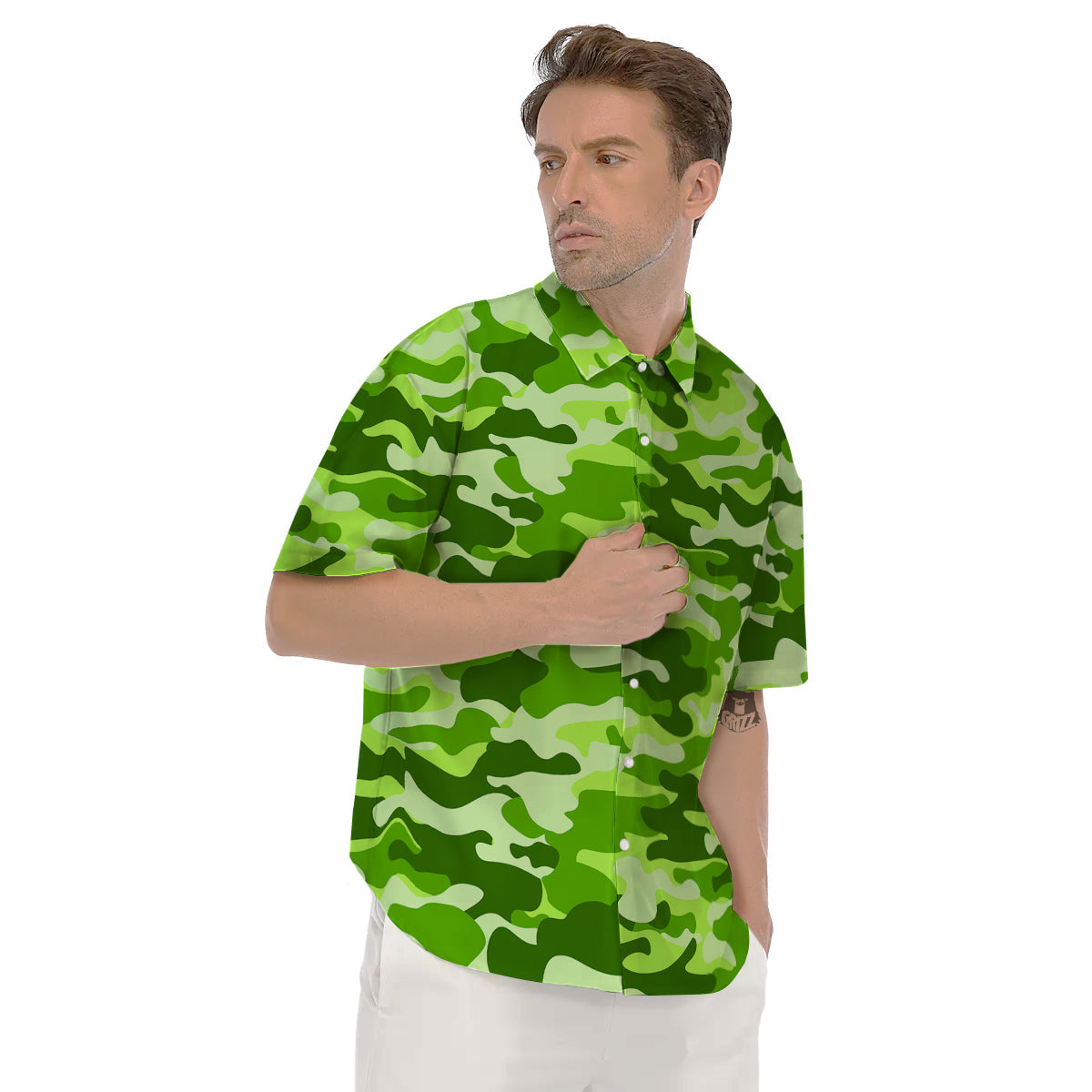 Green Neon Camo And Camouflage Print Men's Short Sleeve Shirts-grizzshop