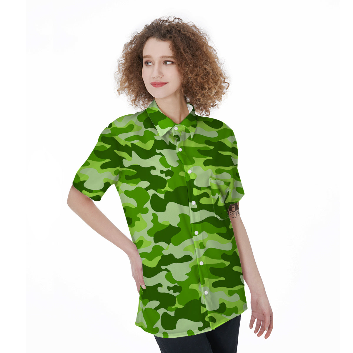 Green Neon Camo And Camouflage Print Women's Short Sleeve Shirts-grizzshop