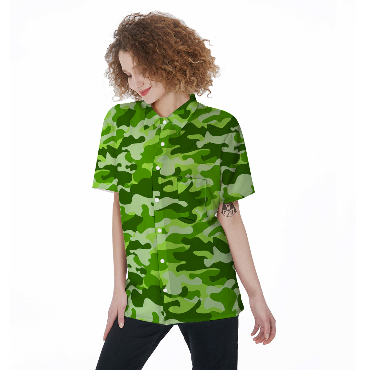 Green Neon Camo And Camouflage Print Women's Short Sleeve Shirts-grizzshop