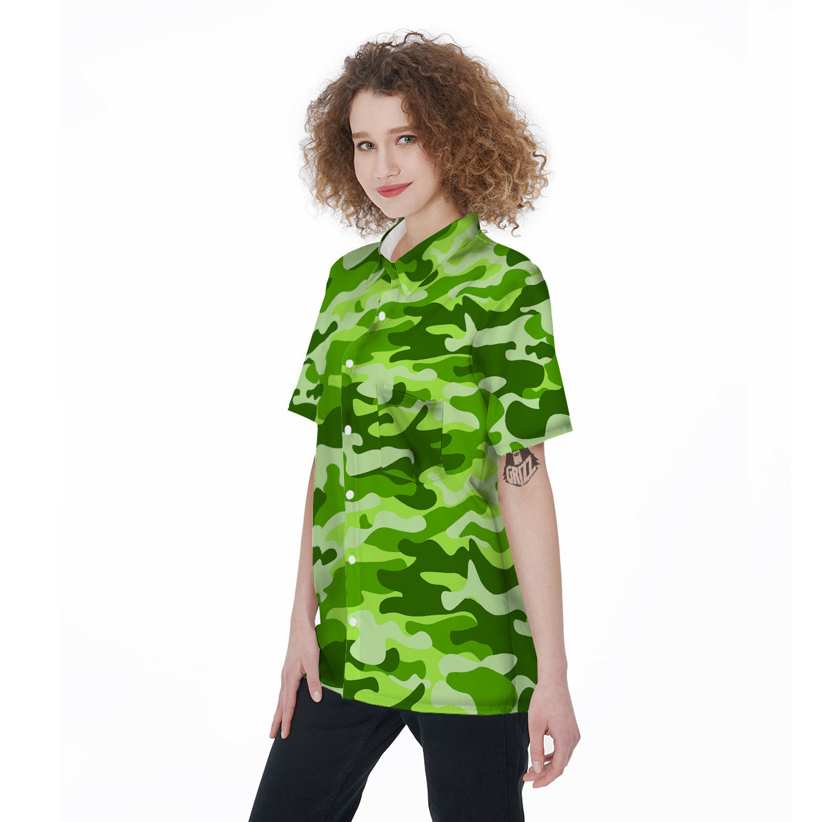 Green Neon Camo And Camouflage Print Women's Short Sleeve Shirts-grizzshop