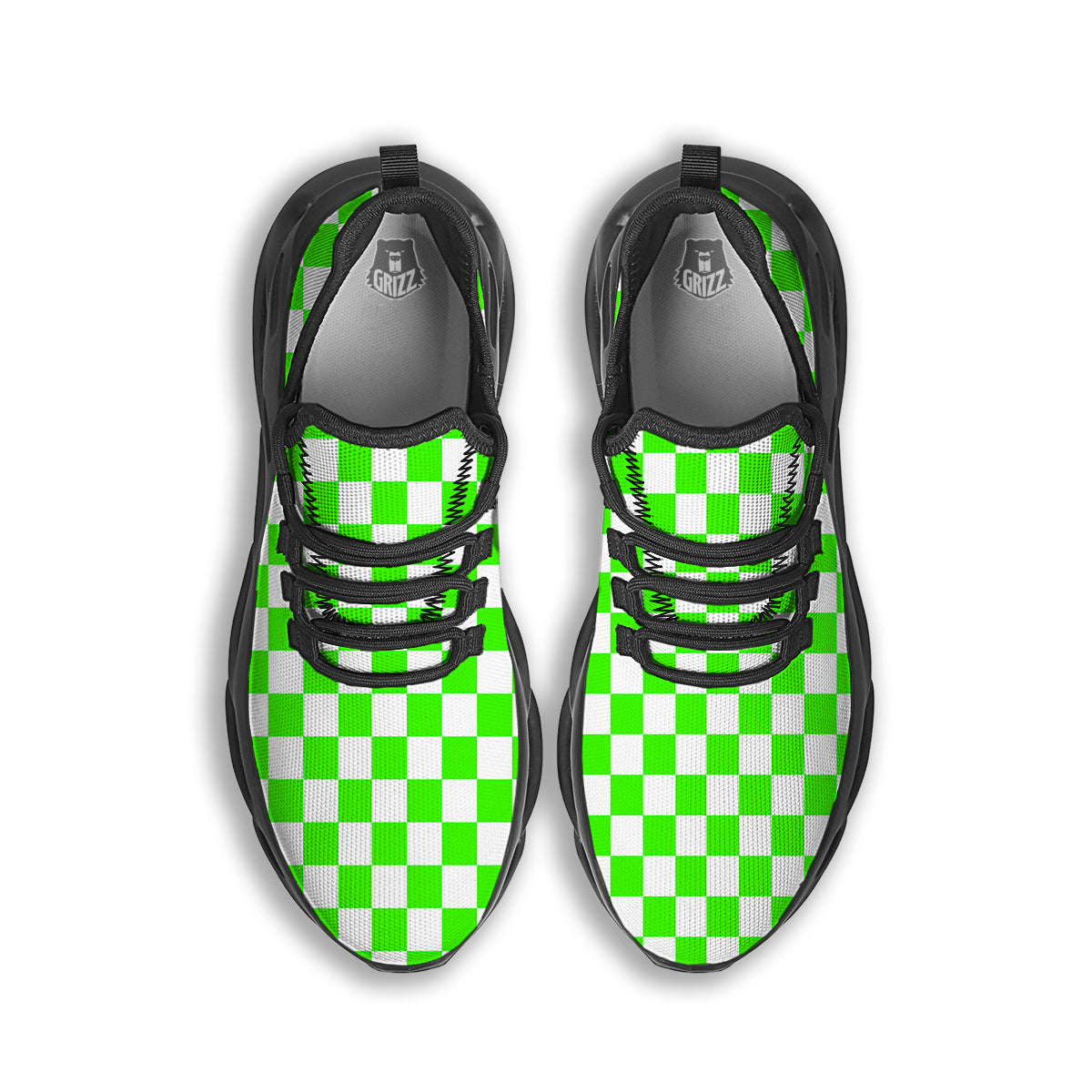 Green Neon Checkered Flag Print Black Running Shoes-grizzshop