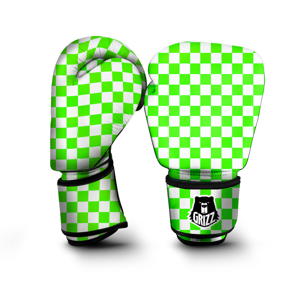 Green Neon Checkered Flag Print Boxing Gloves-grizzshop