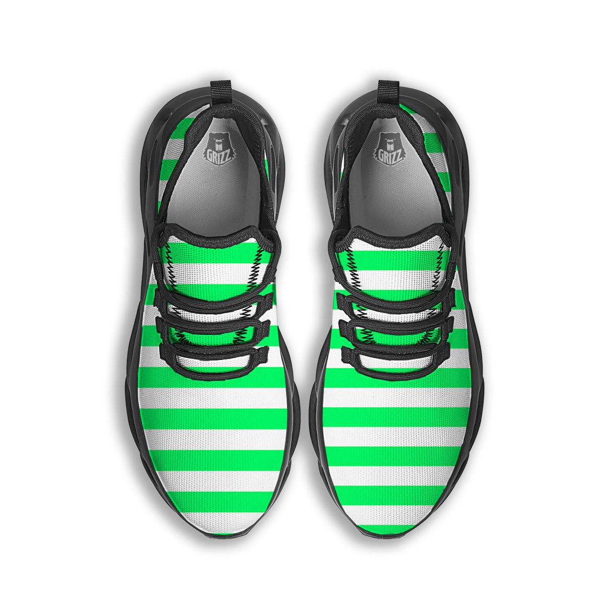Green Neon Color Striped Print Black Running Shoes-grizzshop