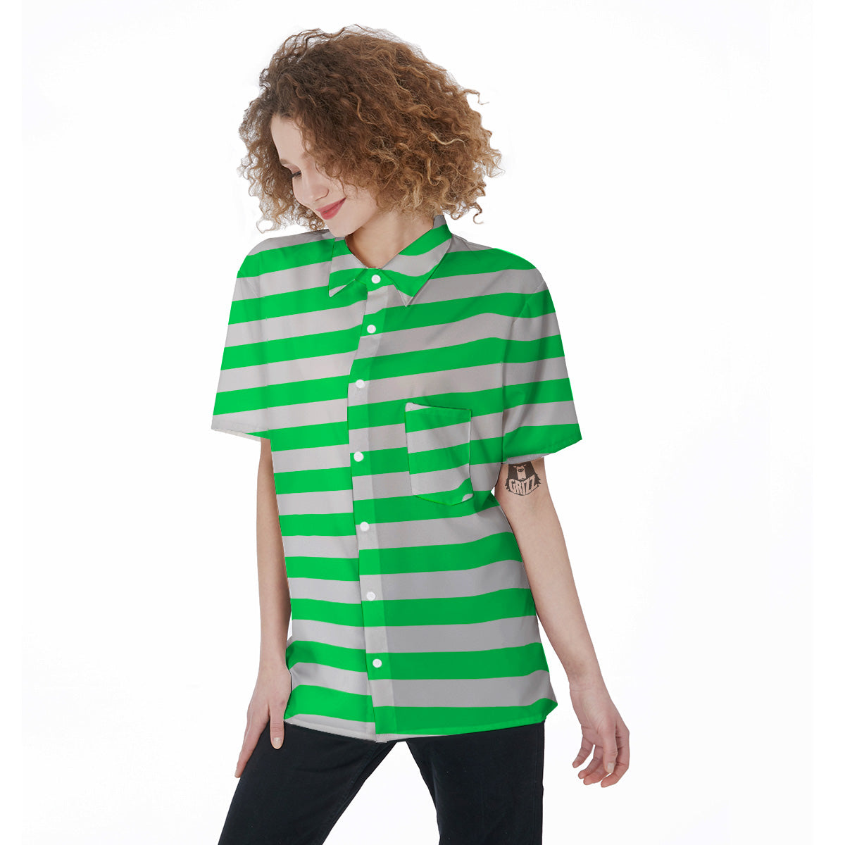 Green Neon Color Striped Print Women's Short Sleeve Shirts-grizzshop
