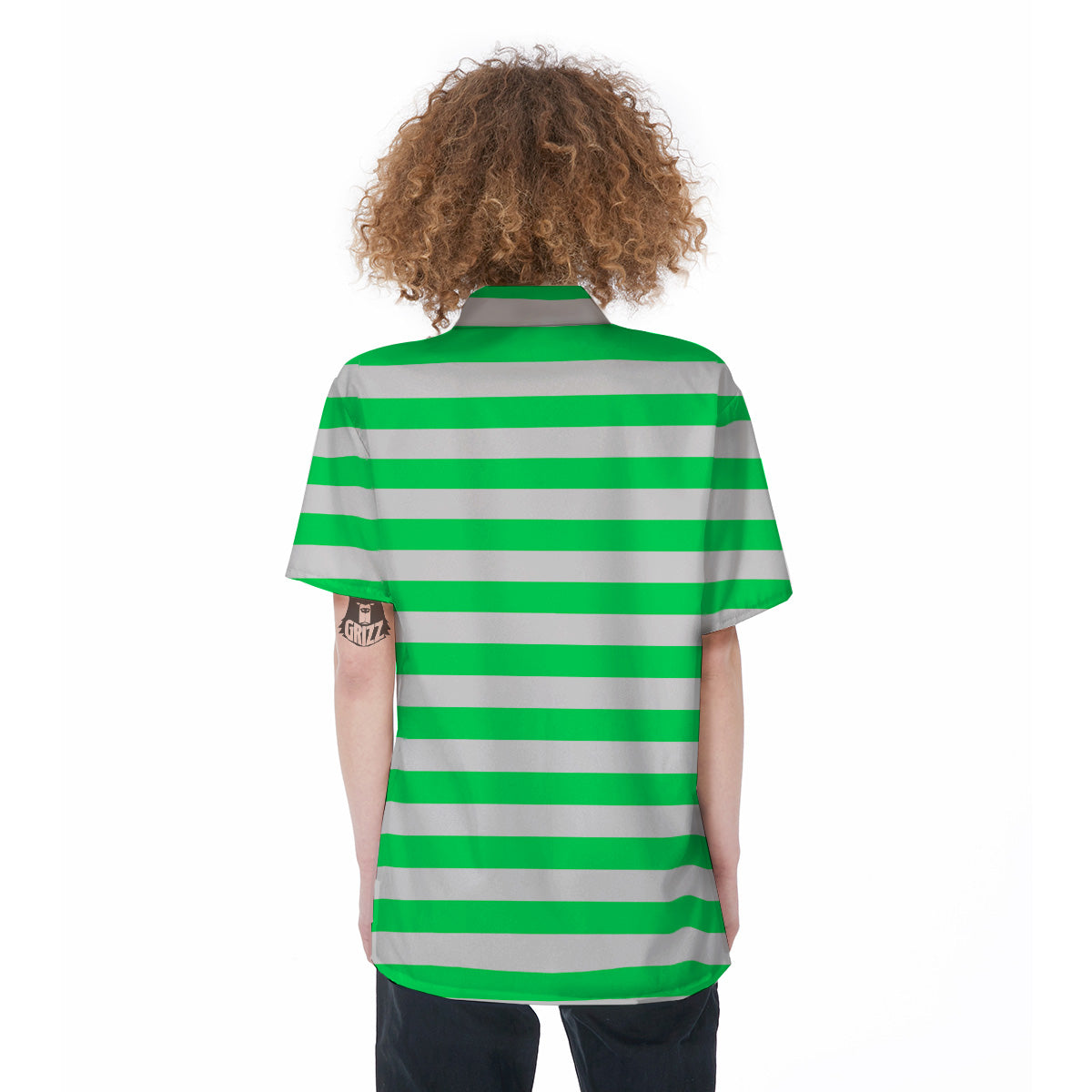 Green Neon Color Striped Print Women's Short Sleeve Shirts-grizzshop