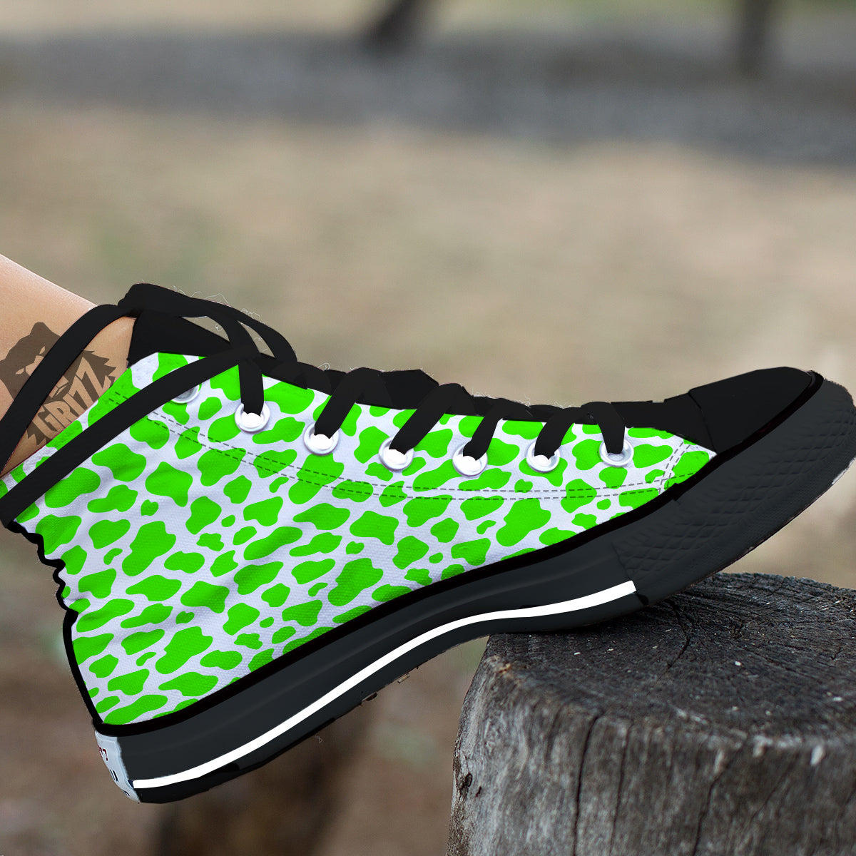Green Neon Cow Print Pattern Black High Top Shoes-grizzshop