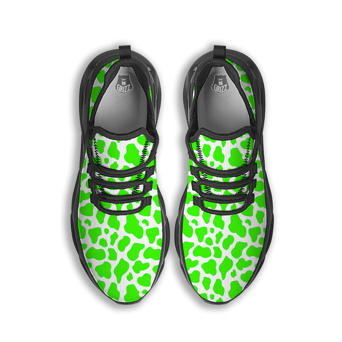 Green Neon Cow Print Pattern Black Running Shoes-grizzshop