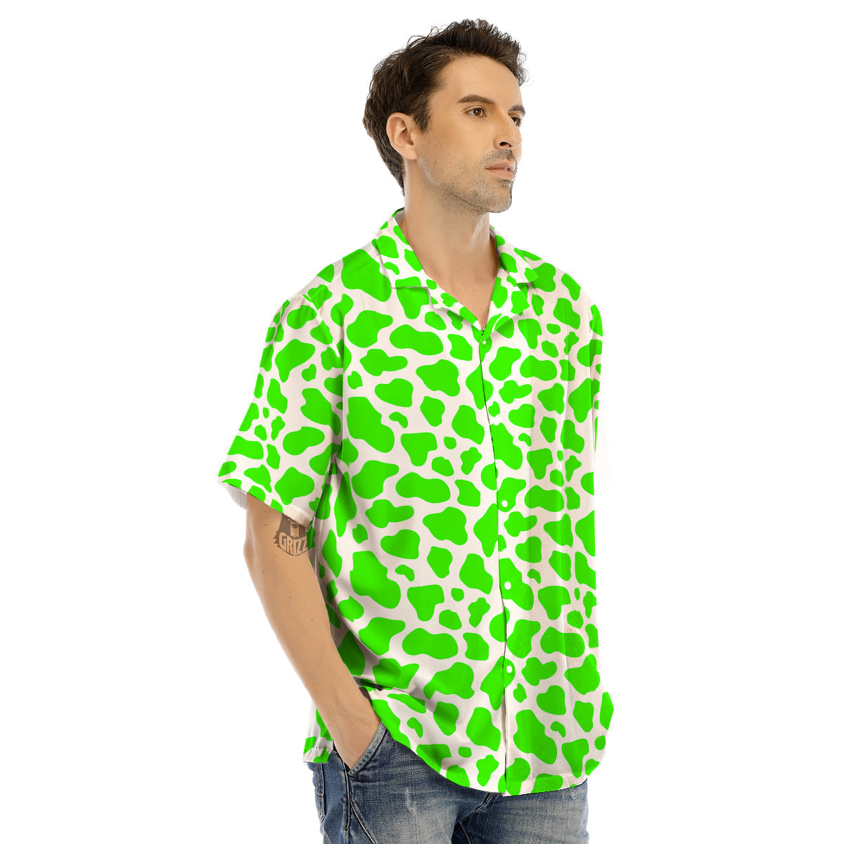 Green Neon Cow Print Pattern Men’s Hawaiian Shirt-grizzshop
