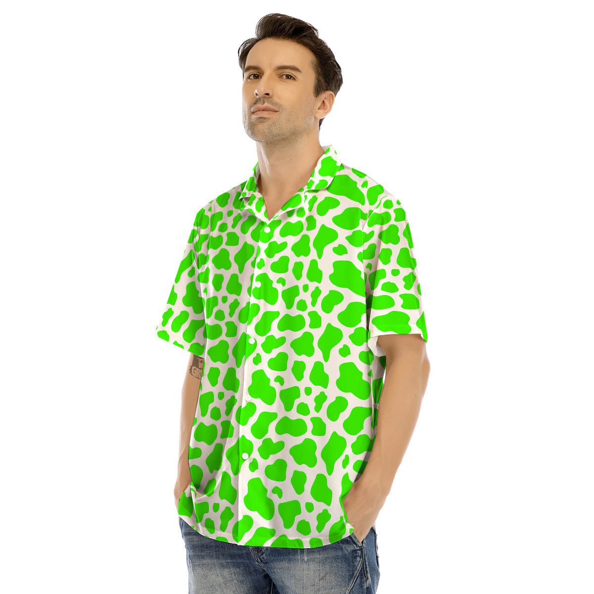 Green Neon Cow Print Pattern Men’s Hawaiian Shirt-grizzshop