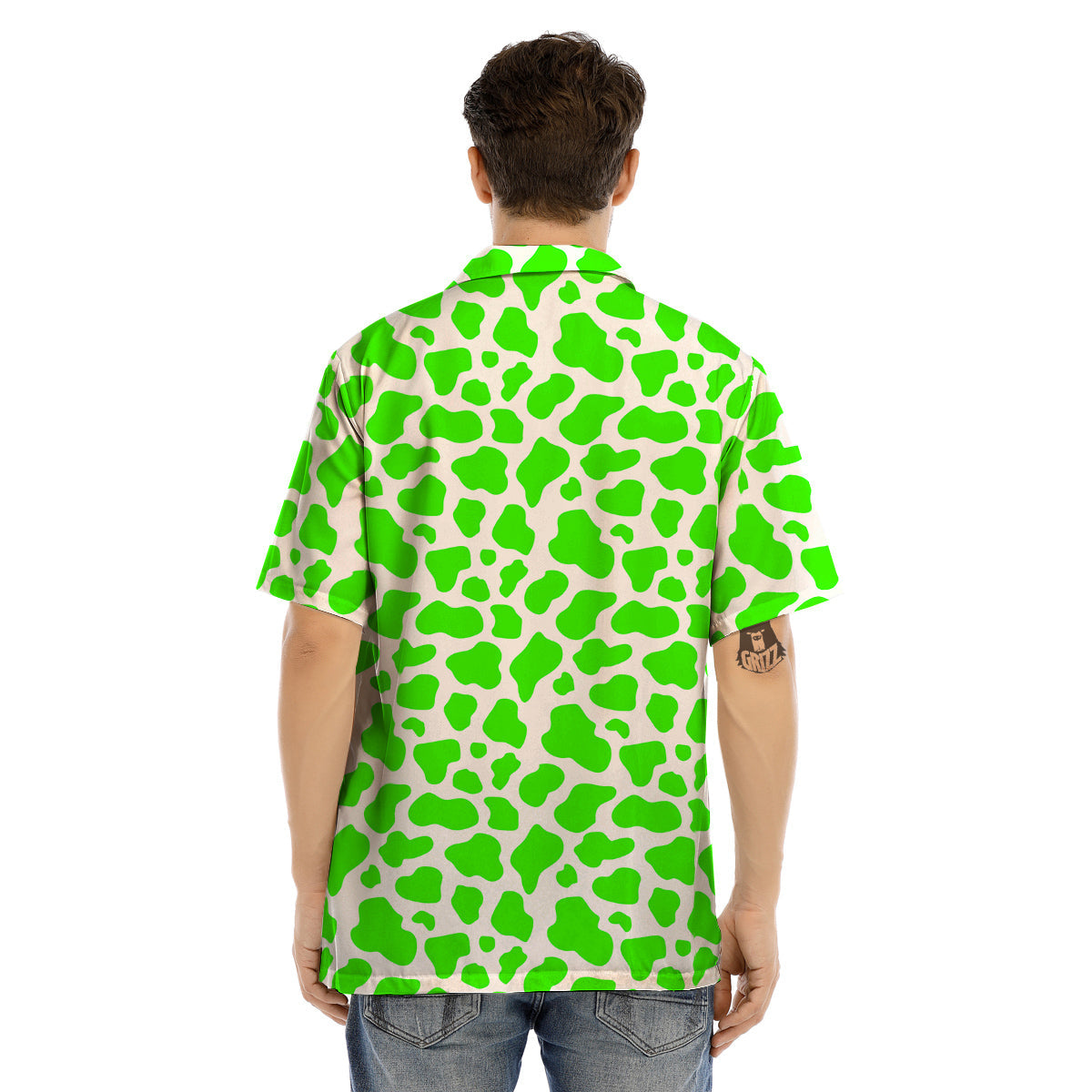 Green Neon Cow Print Pattern Men’s Hawaiian Shirt-grizzshop