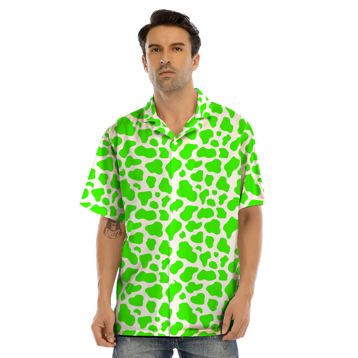 Green Neon Cow Print Pattern Men’s Hawaiian Shirt-grizzshop