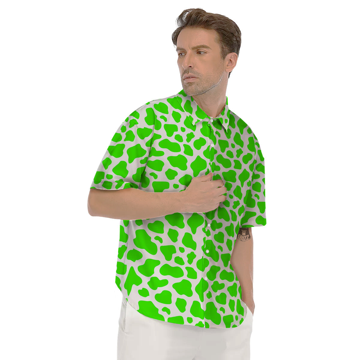 Green Neon Cow Print Pattern Men's Short Sleeve Shirts-grizzshop