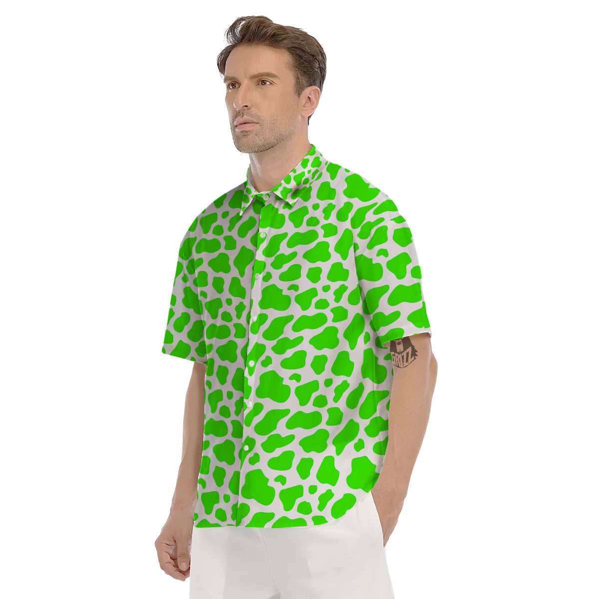 Green Neon Cow Print Pattern Men's Short Sleeve Shirts-grizzshop
