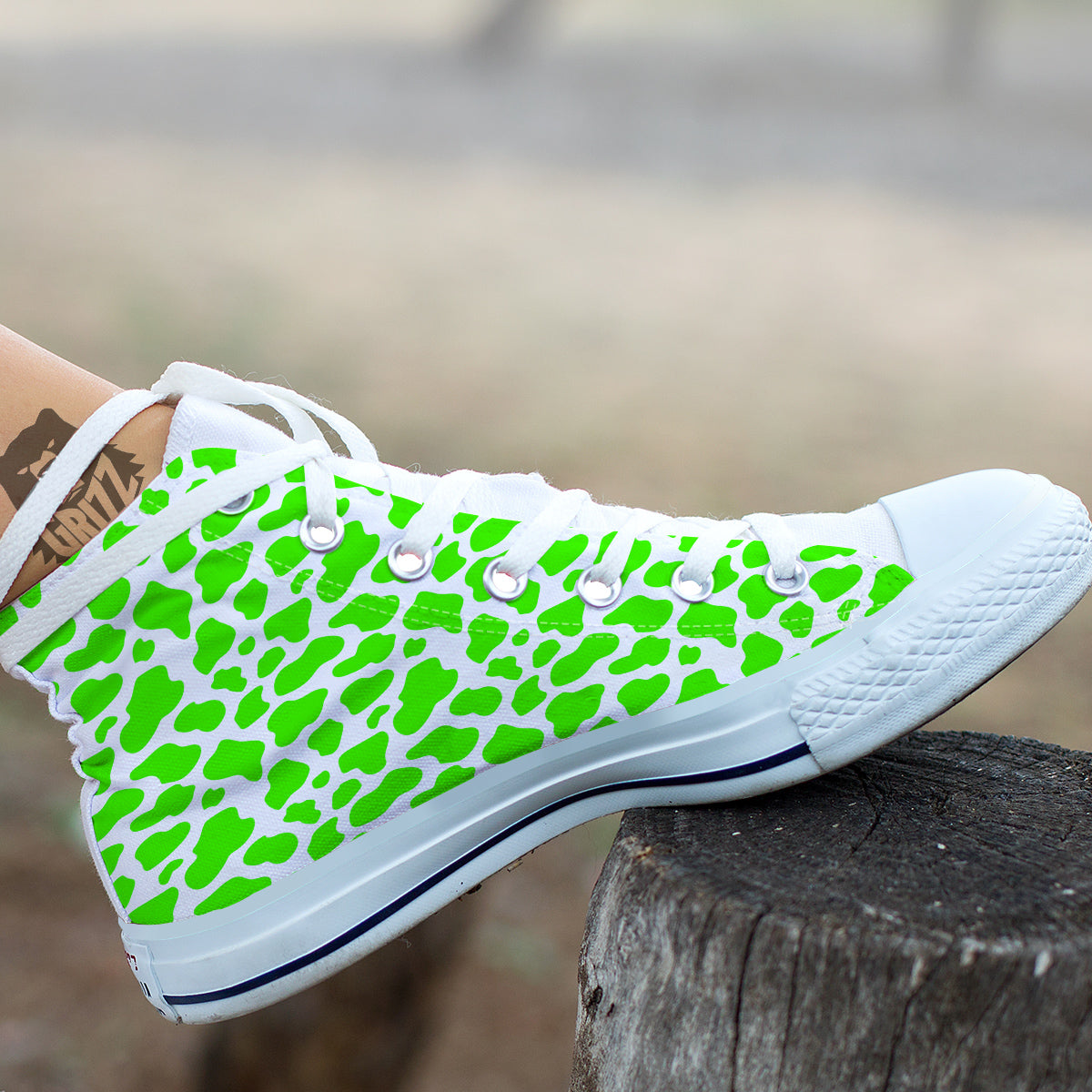 Green Neon Cow Print Pattern White High Top Shoes-grizzshop