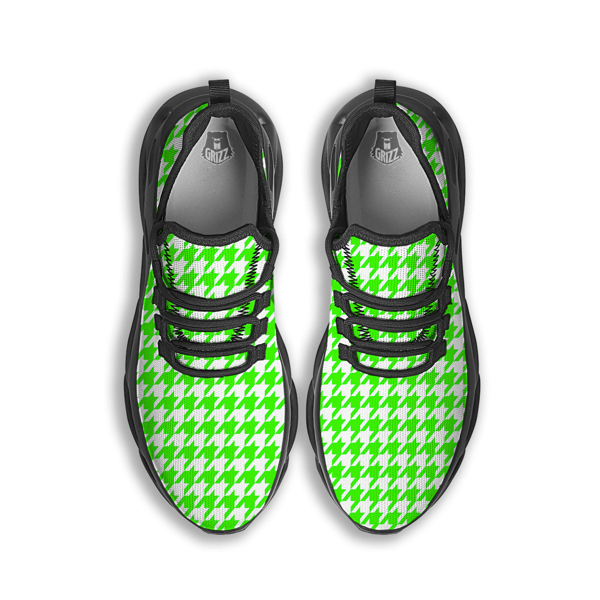 Green Neon Houndstooth Print Black Running Shoes-grizzshop