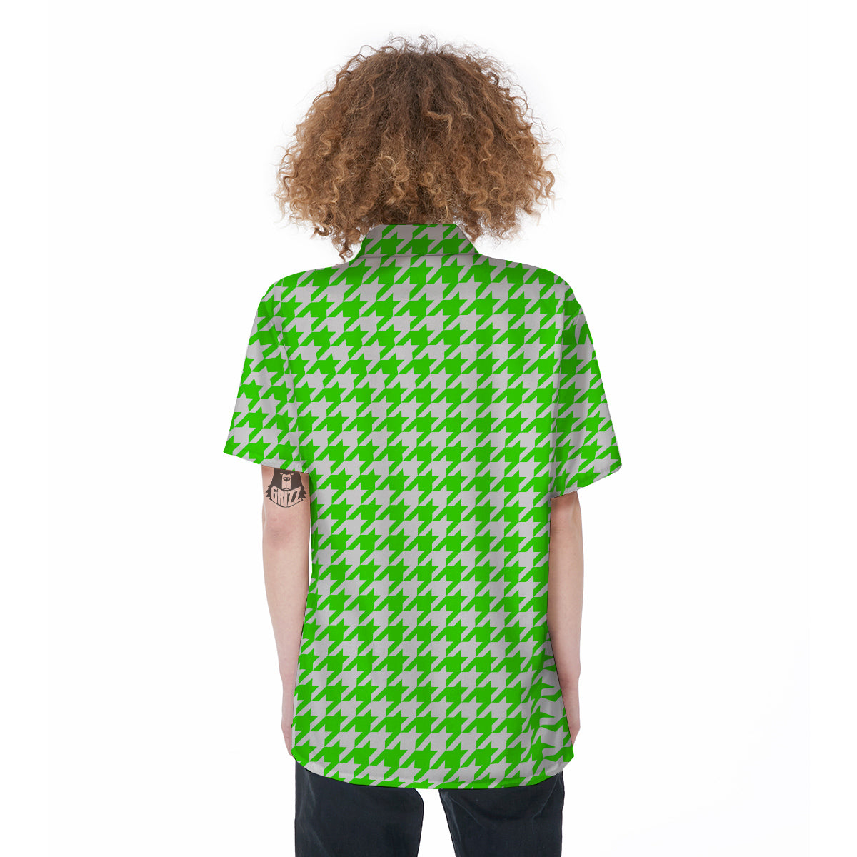 Green Neon Houndstooth Print Women's Short Sleeve Shirts-grizzshop