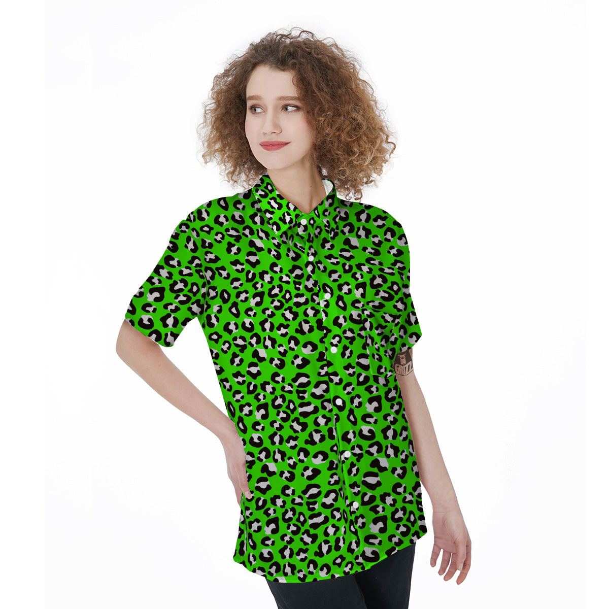 Green Neon Leopard Print Pattern Women's Short Sleeve Shirts-grizzshop