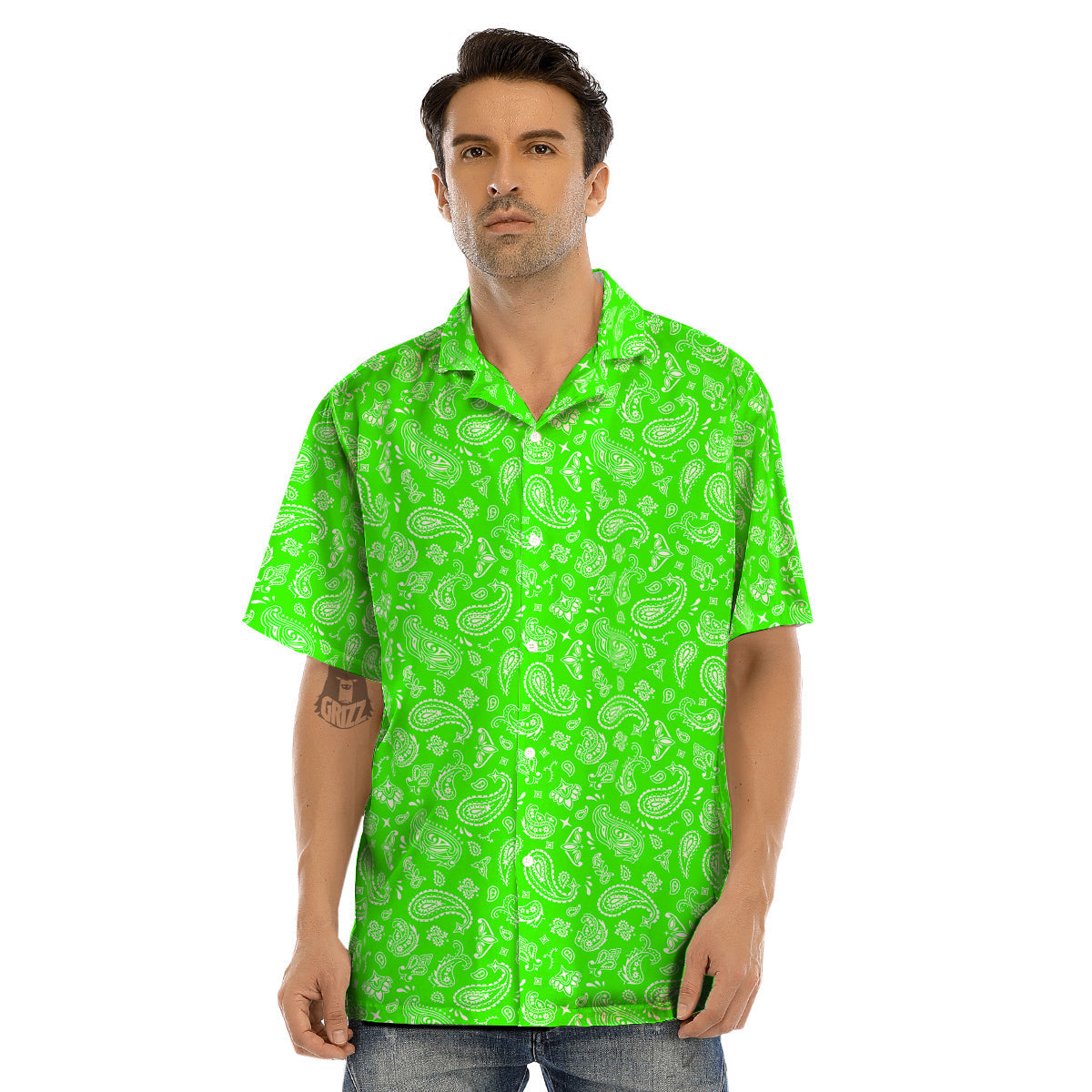 Green Neon Paisley Bandana Print Men’s Hawaiian Shirt-grizzshop