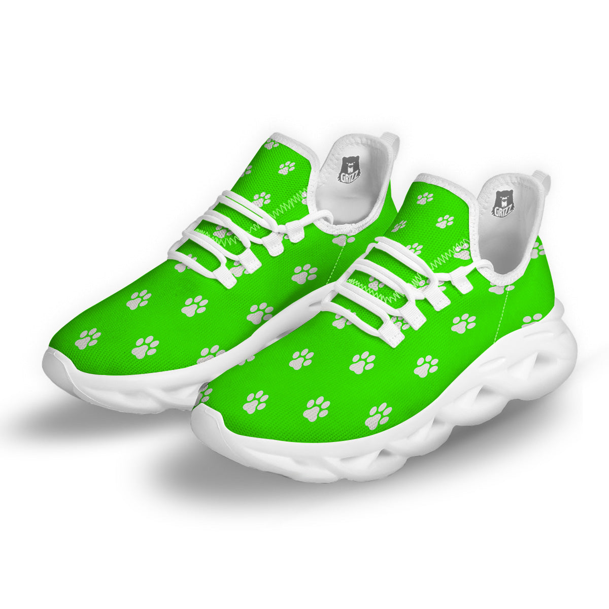 Green Neon Paw Print White Running Shoes-grizzshop