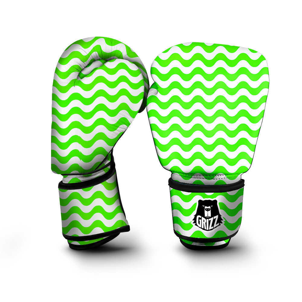 Green Neon Wave Striped Print Boxing Gloves-grizzshop
