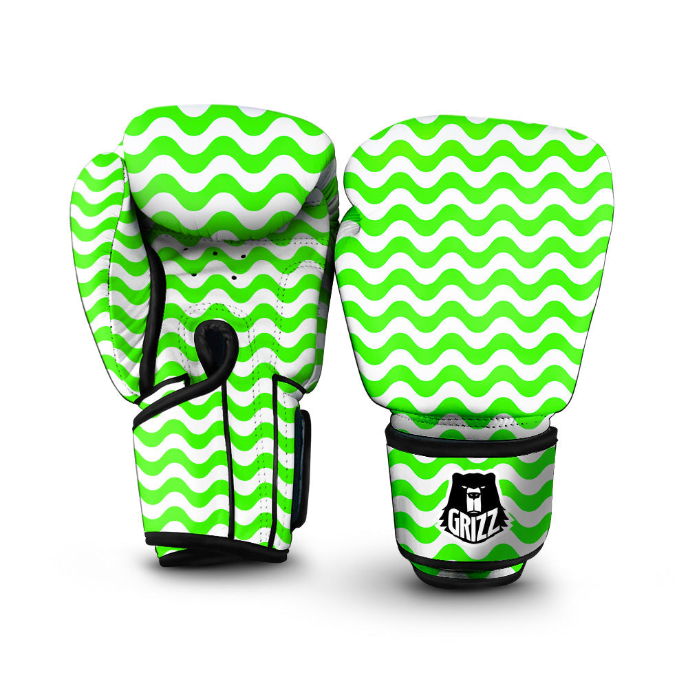 Green Neon Wave Striped Print Boxing Gloves-grizzshop