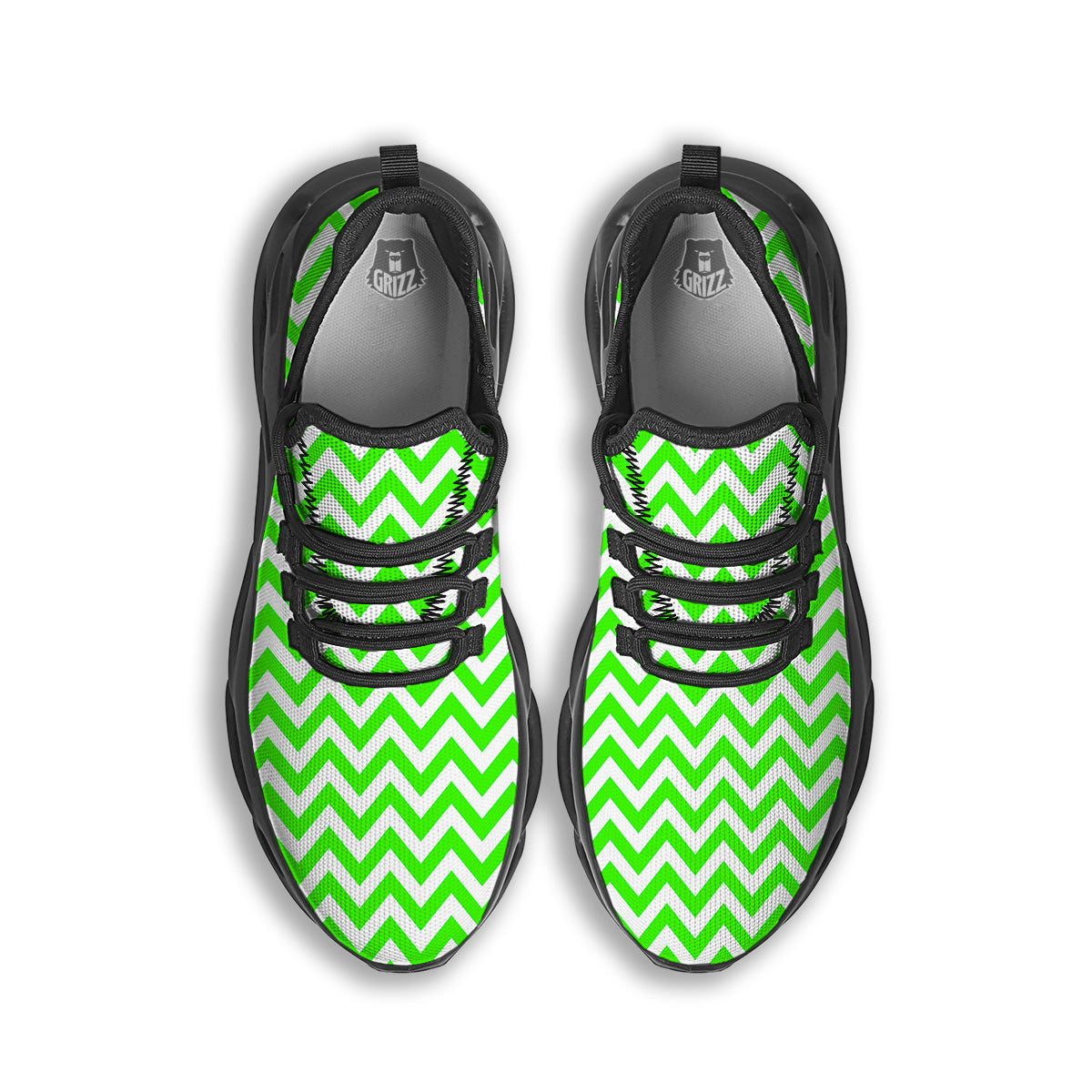 Green Neon Zigzag Print Pattern Black Running Shoes-grizzshop