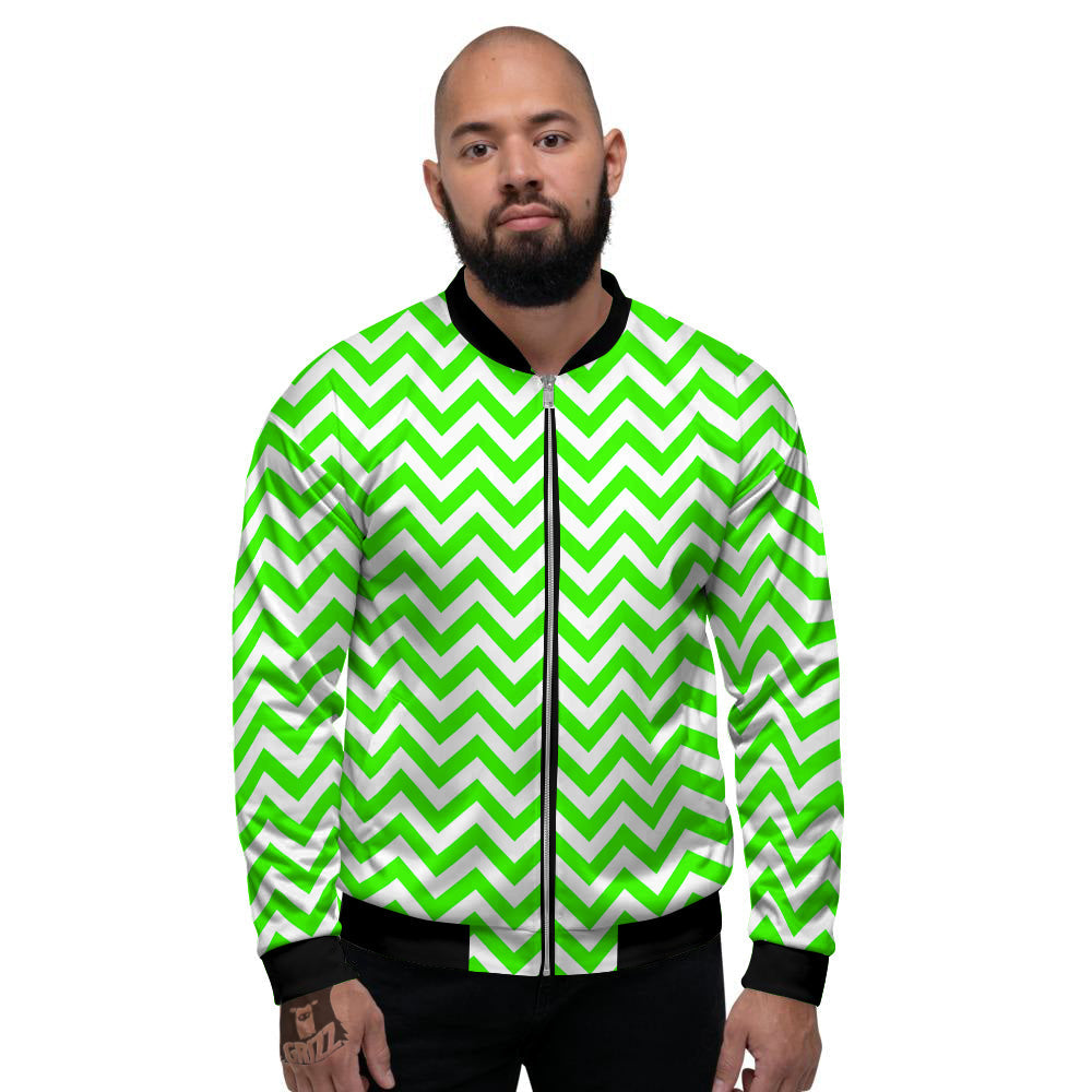 Green Neon Zigzag Print Pattern Men's Bomber Jacket-grizzshop