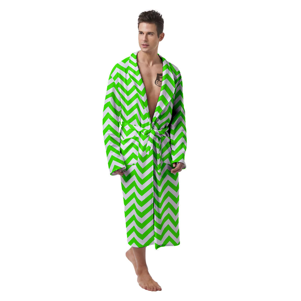 Green Neon Zigzag Print Pattern Men's Robe-grizzshop