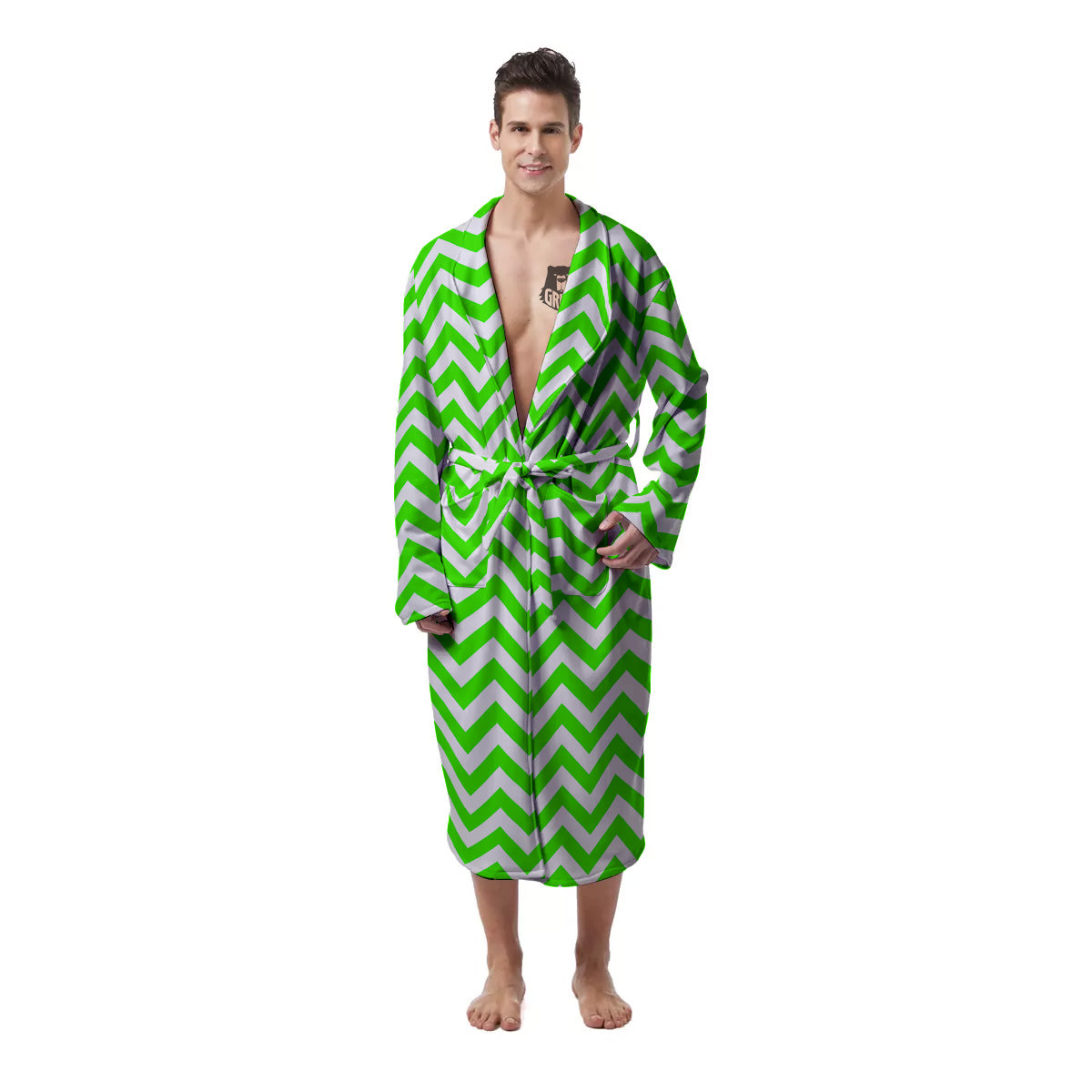 Green Neon Zigzag Print Pattern Men's Robe-grizzshop