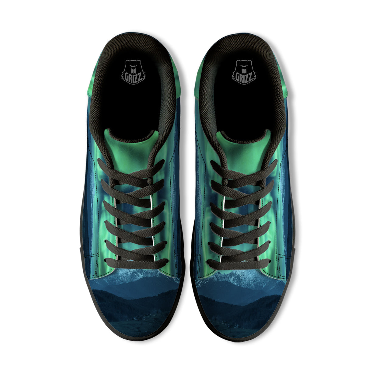 Green Northern Lights And Snowy Mountains Print Black Low Top Sneakers-grizzshop