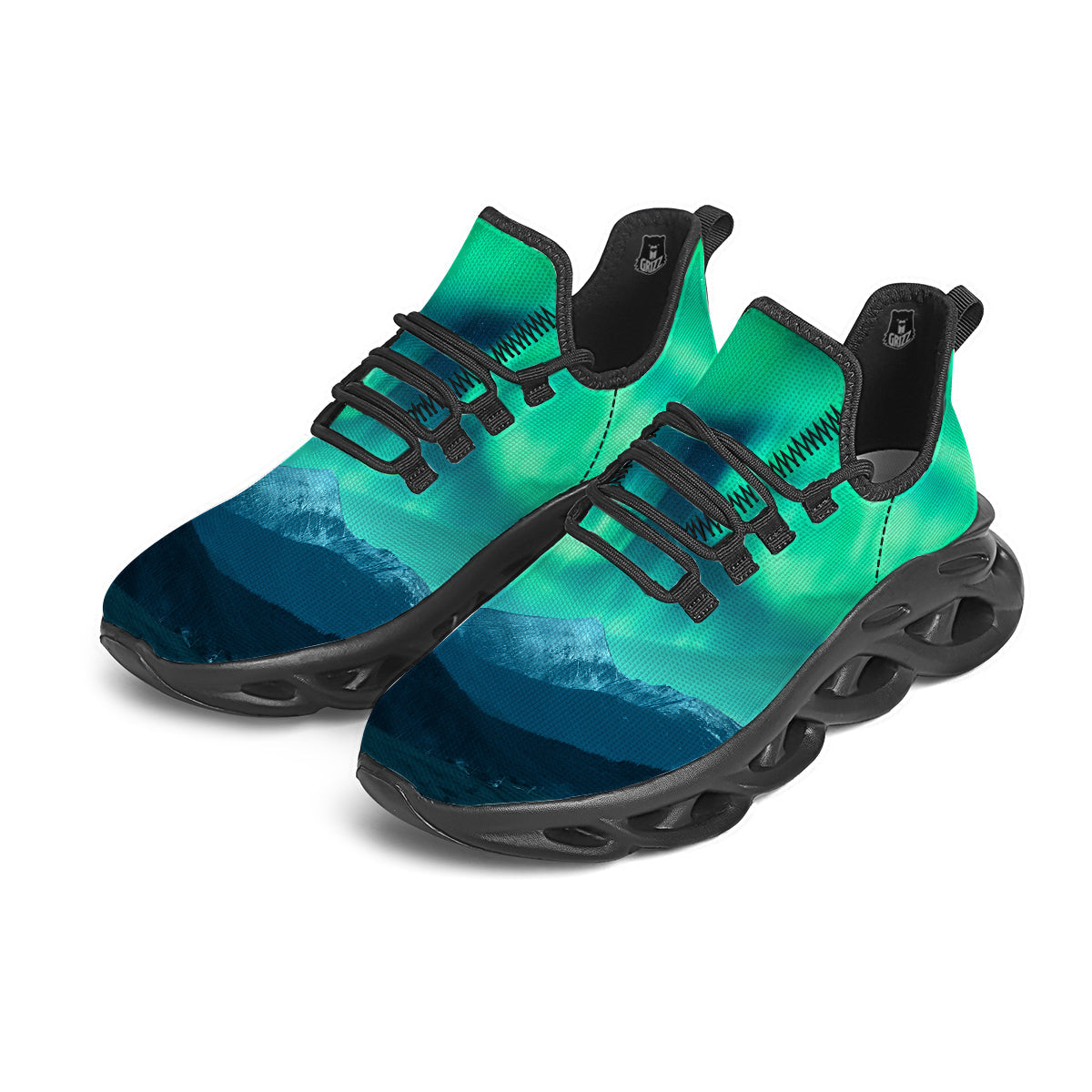 Green Northern Lights And Snowy Mountains Print Black Running Shoes-grizzshop