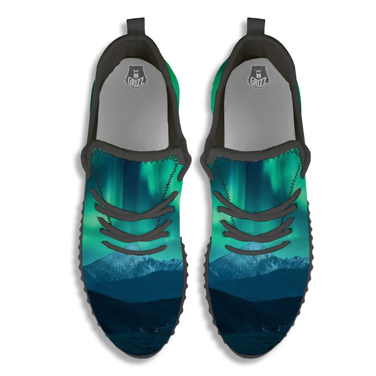 Green Northern Lights And Snowy Mountains Print Black Walking Shoes-grizzshop