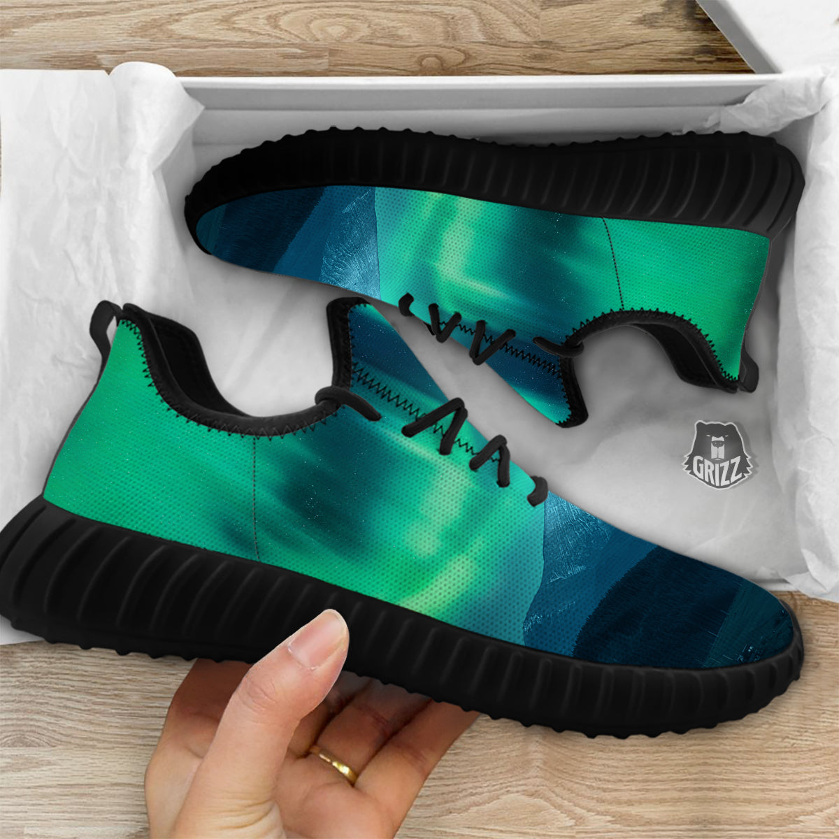 Green Northern Lights And Snowy Mountains Print Black Walking Shoes-grizzshop