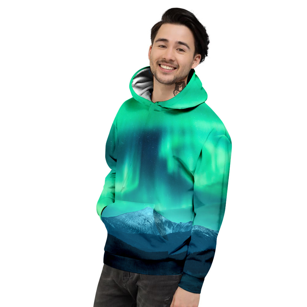 Green Northern Lights And Snowy Mountains Print Men's Hoodie-grizzshop