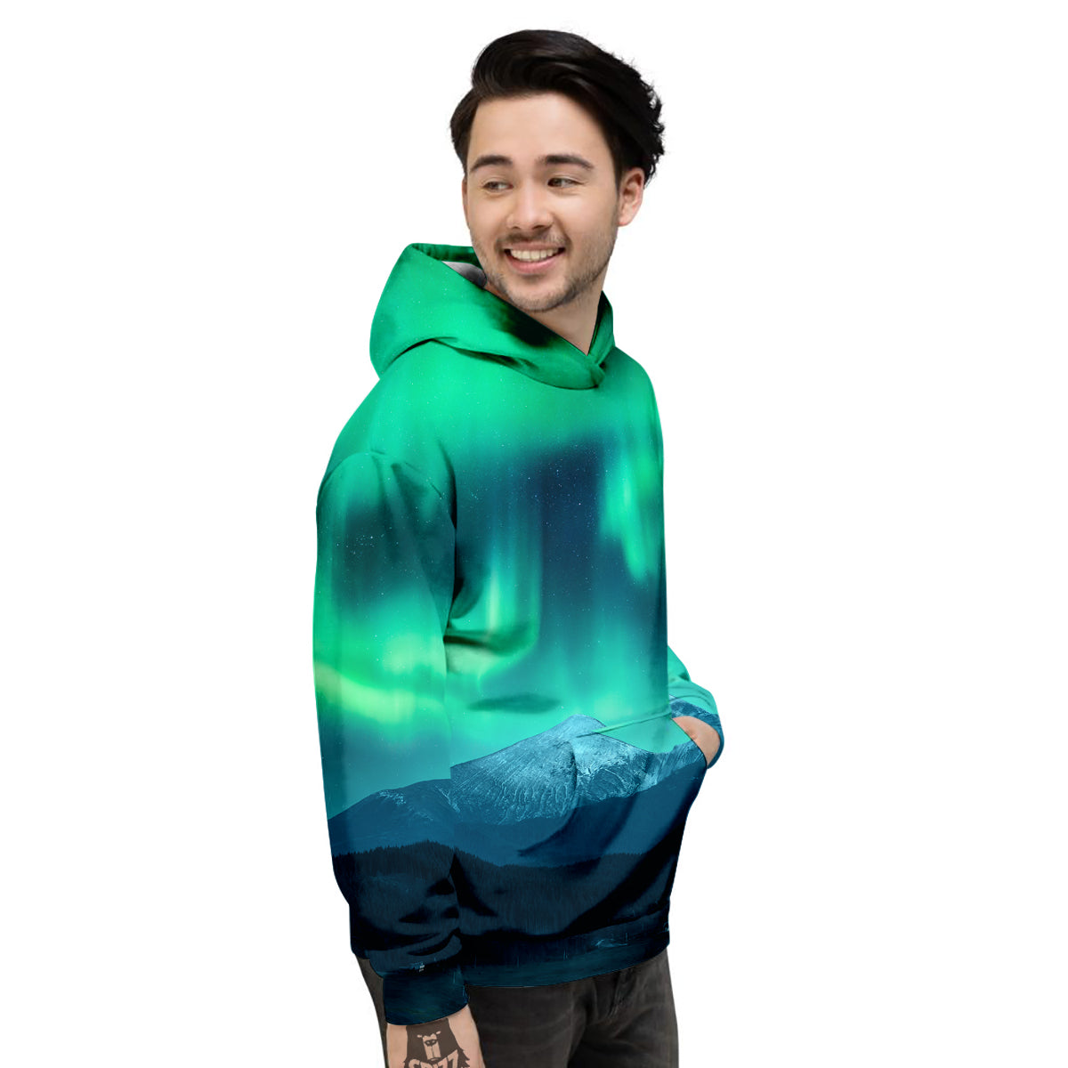 Green Northern Lights And Snowy Mountains Print Men's Hoodie-grizzshop