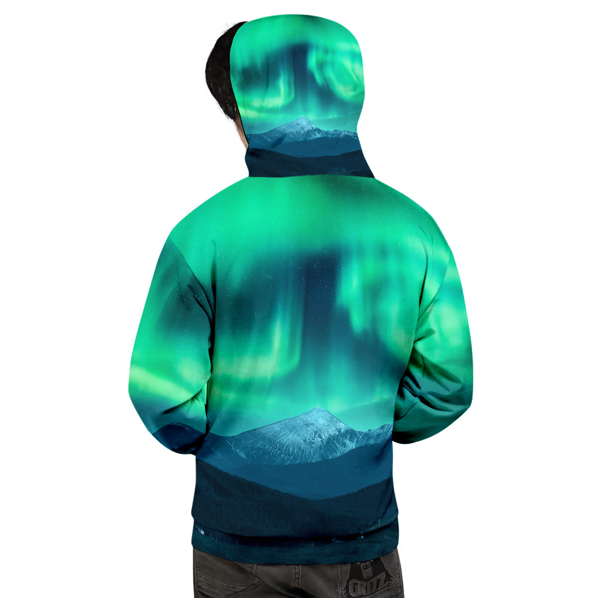 Green Northern Lights And Snowy Mountains Print Men's Hoodie-grizzshop