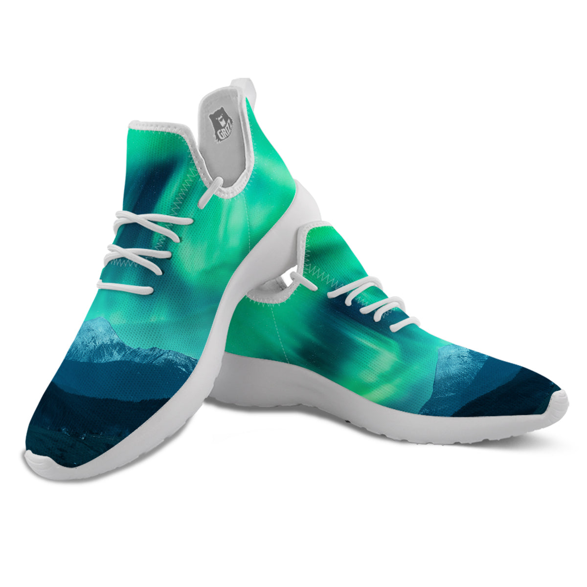 Green Northern Lights And Snowy Mountains Print White Athletic Shoes-grizzshop