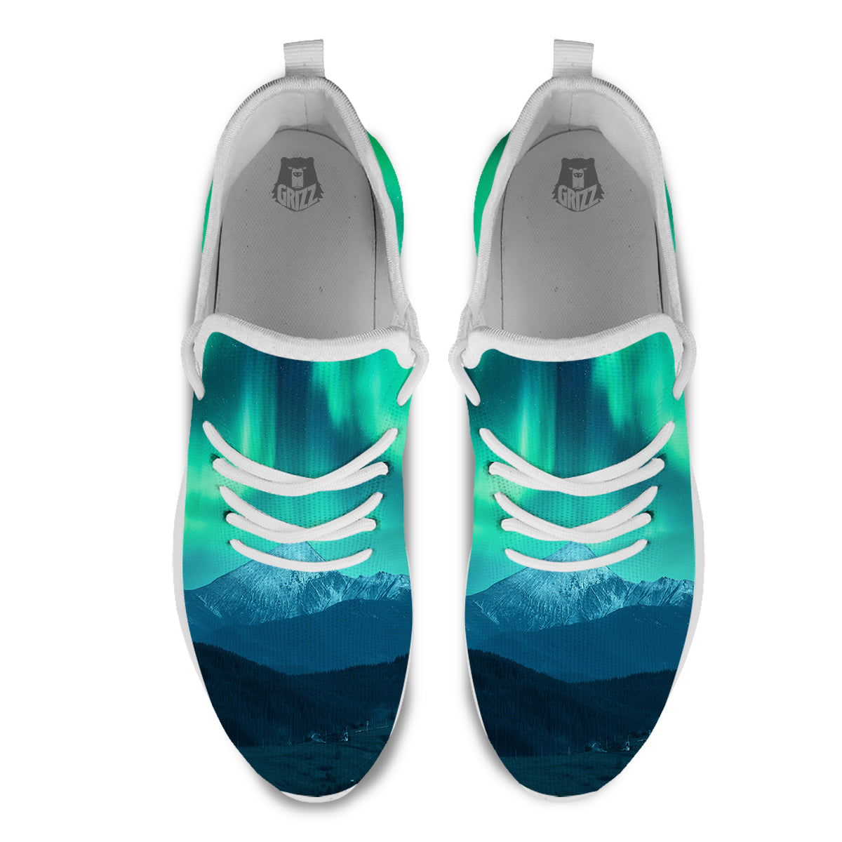 Green Northern Lights And Snowy Mountains Print White Athletic Shoes-grizzshop